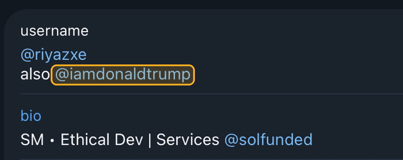 Telegram profile for @riyazxe showing the second username @iamdonaldtrump, highlighted